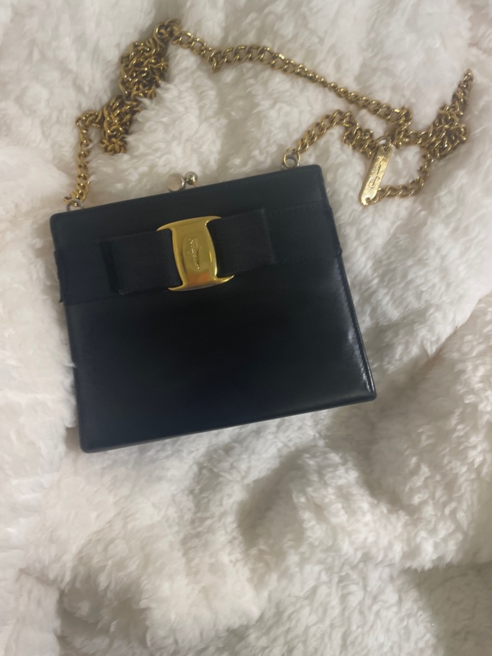 Salvatore Ferragamo Black Leather Crossbody with Gold Chain and Vara Bow